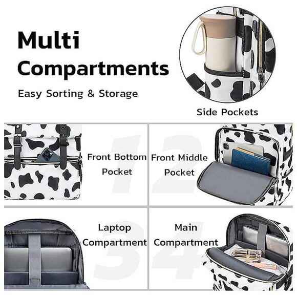 Vintage Backpack for Women Men, Laptop Backpack 15.6 inch Cow White - Picture 4 of 7